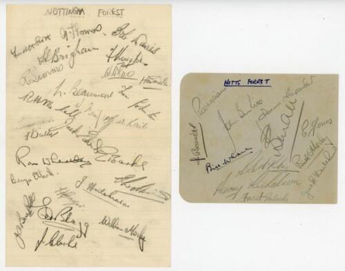 Nottingham Forest F.C. 1948 and 1958. Ruled page signed in pencil by twenty five players including Bob Davies, Bob McCall, Ted Blagg, Jack Hutchinson, Jim Clarke, Brynn Elliott, Horace Gager, Gordon Kaile, Bill Morley etc. Also an album page signed in pen