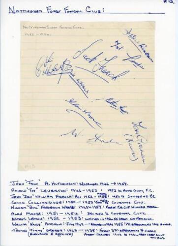 Nottingham Forest F.C. 1952-1956. Ruled page signed in ink by nine members of the Nottingham Forest playing staff and manager, and an album page signed in ink and pencil by eleven members of the 1952/53 team. Signatures include Jack Hutchinson, Tot Levert