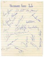 Nottingham Forest F.C. 1955/56 and 1957/58. Ruled page signed in ink by twenty one members of the 1955/56 Nottingham Forest team, and two album pages signed in ink by twenty eight members of the 1957/58 team. Signatures include Eric Jones, Bill Farmer, Ro