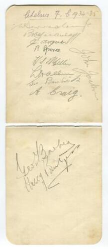 Chelsea 1934-1935. Double album page signed in pencil by eleven members of the playing staff. Signatures are Barraclough, MacAulay, Argue, Spence, Mullin, Allum, Bambrick, Craig, Jackson, Barber and Burgess. To the verso are thirteen signatures of the Wol