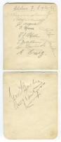 Chelsea 1934-1935. Double album page signed in pencil by eleven members of the playing staff. Signatures are Barraclough, MacAulay, Argue, Spence, Mullin, Allum, Bambrick, Craig, Jackson, Barber and Burgess. To the verso are thirteen signatures of the Wol