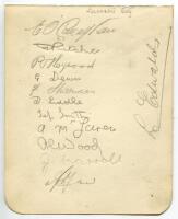 Leicester City 1935-1936. Album page signed in pencil by twelve members of the playing staff. Signatures are O’Callaghan, Ritchie, Heywood, Dewis, Sharman, Liddle, Smith, Mclaren, Wood, Carroll and Maw. Good condition