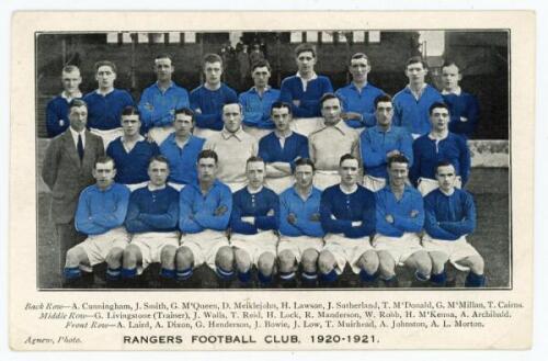 ‘Rangers Football Club, 1920-1921’. Colour plain back postcard of the Rangers team depicted in dark and light blue jerseys. Printed players’ names and title to lower border. ‘Agnew, Photo’. Rare in colour. Minor creasing to corners, otherwise in very good