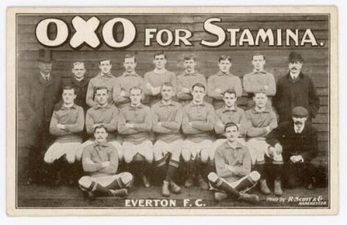 Everton F.C. F.A. Cup Winners 1906. Mono advertising postcard, ‘Oxo for Stamina’ with photographic image of the team by R. Scott & Co., Manchester. Printed product endorsement by W. Cuff, Secretary, Everton F.C. to verso. VG