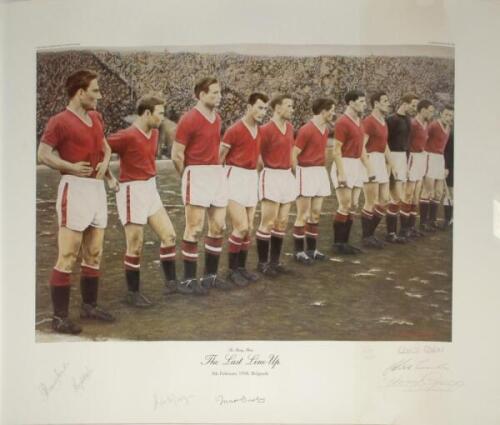 ‘The Last Line Up’. Large colour limited edition print taken from the original painting by artist David Cottam 1993 of the Manchester United team line up prior to the match against Red Star Belgrade on the 5th February 1958. The print has been signed to l