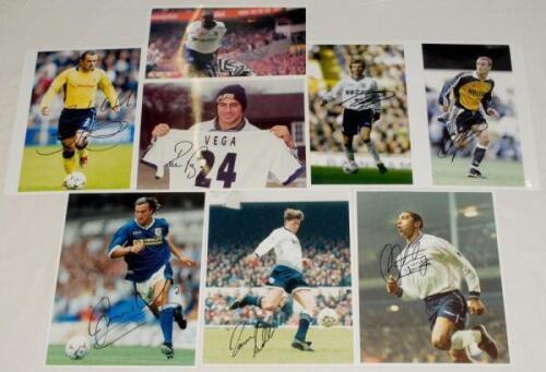 Tottenham Hotspur F.C. signed photographs 1990s-2000s. Eight original colour press photographs of Spurs players, each signed by the featured player. Signatures are Ginola, Carr, Perry, Anderton, Vega, Sherwood, Armstrong and Campbell. All 10&rdquo;x8&rdquo;. VG