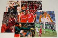 Liverpool F.C. signed photographs 1980s-2000s. Seven original colour press photographs of Liverpool players, each signed by the featured player(s). Signatures are Grobbelaar, Babel, Benayoun, Kuyt, Gerrard, Crouch etc. Also a mono press photograph of Phil