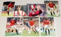 Manchester United F.C. signed photographs 1980s-2000s. Seven original colour press photographs of Manchester United players, each signed by the featured player. Signatures are Stapleton, Stam, Cole, Silvestre, Pallister, van Nisteltrooy and Rooney, one wi