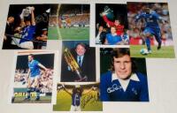 Everton F.C. signed photographs 1970s-2010s. Eight original colour press photographs of Everton players and one manager, each signed by the featured player. Signatures are Joe Royle, Andy Gray, Howard Kendall, John Bailey, Kevin Ratcliffe, Graeme Sharp, N