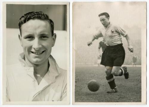 Almeric George Hall. Tottenham Hotspur 1934-1936 and Norman Evans. Tottenham Hotspur 1939-1940. Two mono real photographs of the two players, one head and shoulders, the other an action image, both wearing Spurs attire. Players name typed to verso of each