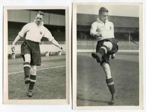 Arthur William Hitchins. Tottenham Hotspur 1934 and 1937-1939 and Francis Fowler McEwan. Tottenham Hotspur 1939-1940. Two mono real photographs of the two players, both action images wearing Spurs attire. Players name typed to verso of each photograph. Ph