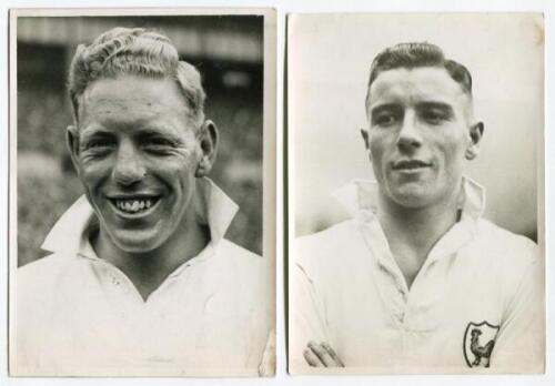 Almeric George Hall. Tottenham Hotspur 1934-1936 and George William Hall. Tottenham Hotspur 1932-1945. Two mono real photographs of the two players, head and shoulders in Tottenham shirts. Players name typed to verso of each photograph. Photographs by Bar