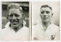 Almeric George Hall. Tottenham Hotspur 1934-1936 and George William Hall. Tottenham Hotspur 1932-1945. Two mono real photographs of the two players, head and shoulders in Tottenham shirts. Players name typed to verso of each photograph. Photographs by Bar