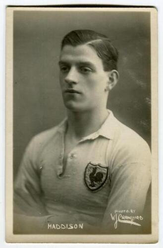 George Maddison. Tottenham Hotspur 1922-1923. Mono real photograph postcard of Maddison, half length, in Spurs shirt. Name to lower border. W.J. Crawford of Edmonton. Good/very good condition Postally unused