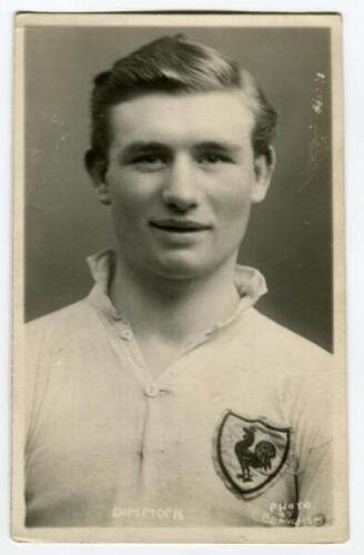 James Henry Dimmock. Tottenham Hotspur 1919-1930. Mono real photograph postcard of Dimmock, half length, in Spurs shirt. Name to lower border. W.J. Crawford of Edmonton. Minor marks to image otherwise in good/very good condition Postally unused