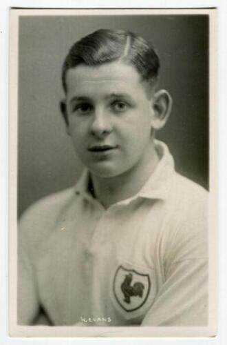 William Evans. Tottenham Hotspur 1931-1936. Mono real photograph postcard of Evans, half length, in Spurs shirt. Name to lower border. W.J. Crawford of Edmonton. Very good condition Postally unused