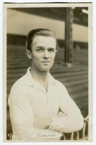 Frederick Ingram Walden. Tottenham Hotspur 1913-1924. Mono real photograph postcard of Walden, half length, in Spurs shirt. Name printed to lower border. W.J. Crawford of Edmonton. Good/very good condition Postally unused