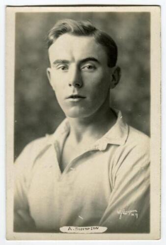 Andrew Thompson. Tottenham Hotspur 1920-1930. Mono real photograph postcard of Thompson, half length, in Spurs shirt. Name printed to lower border. W.J. Crawford of Edmonton. Good/very good condition Postally unused