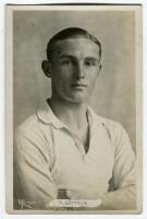 James Frederick Skinner. Tottenham Hotspur 1919-1925. Mono real photograph postcard of Skinner, head and shoulders, in Spurs shirt. Name printed to lower border (incorrect initial printed). W.J. Crawford of Edmonton. Good/very good condition Postally un