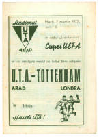 U.T. Arad (Romania) v Tottenham Hotspur 1971/72. Official(?) away programme for the UEFA Cup quarter-final match played in Romania on the 7th March 1972 (printing in black). Sold with an official away programme for Lyn v Tottenham Hotspur (UEFA Cup. first