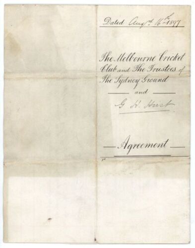 George Herbert Hirst. Yorkshire & England 1891-1929. A.E. Stoddart&rsquo;s tour to Australia 1897/88. Original early contract between &lsquo;The Melbourne Cricket Club and The Trustees of The Sydney Ground and G.H. Hirst&rsquo;, dated 16th 1897.