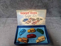 Dinky Gift Set 3 Passenger Car Set Contains No.27F Estate Car - Two Tone Brown Body, Beige Ridged Hubs, No.30H Daimler Ambulance - Cream, Red Crosses And Ridged Hubs, No.40E Standard Vanguard - Mid Blue, Beige Ridged Hubs, No.40H Austin Taxi - Yellow Body