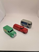 A collection of Dinky diecast models x 3 unboxed comprising of DINKY #30p / 442 Studebaker Red Esso Petrol Tanker Produced 1952-60 Dinky #454 Trojan 15cwt Van Green (Cydrax) - Diecast green hubs. Cydrax livery. Produced 1956-1959 and Dinky #30V/491 Electr