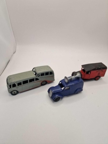 A collection of Dinky diecast models x3 unboxed comprising of Dinky 29f Observation Coach Grey/Red - Later renumbered to 280. Produced 1950 &acirc;&euro;&oelig; 1954 Dinky 34b Royal Mail Van Red/Black - Pre war version with open rear windows, smooth hubs and white tyres p