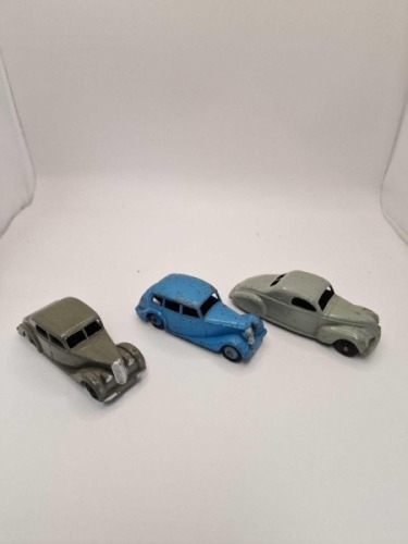 A collection of Dinky diecast models x 3 unboxed comprising of Dinky 40b Triumph 1800 Blue - Later renumbered to 151. Produced 1948-1954 Dinky 39c Lincoln Zephyr Coupe Grey - Post War produced 1947-1950 and Dinky 40a Riley Saloon Grey - Later renumbered 1