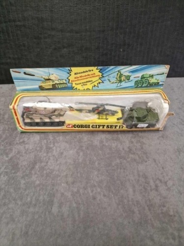 orgi Diecast Gift Set 17 military set of 3 vehicles comprising&nbsp;Tiger Mk1 tank, Bell AH-1G Helicopter & Saladin armoured car in original box&nbsp;
