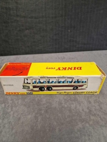 Dinky diecast #954 Vega Major Luxury Coach White/Maroon Light blue interior and cast hubs with box 1971-1976