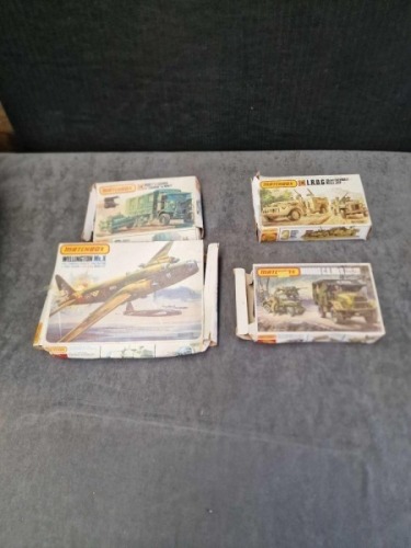 4x Matchbox boxed Model Kits 1/76 scale, comprising of; #PK402 Wellington Mk. X, #PK173 L.RlD.G 30 cwt Chevrolet Willys Jeep, #PK175 Montys Caravan and PK172 Morris C.8. MkII
