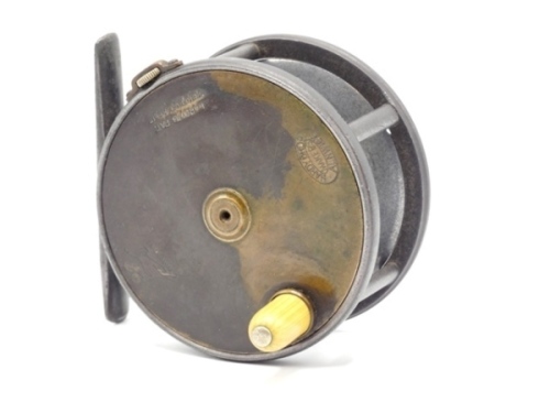 A good Hardy Perfect Brass Faced 3 ½" light salmon fly reel and block leather case, domed ivorine handle, pierced alloy block foot, strapped rim tension screw and early calliper spring check mechanism, slightly contracted drum with four rim cusps and mill