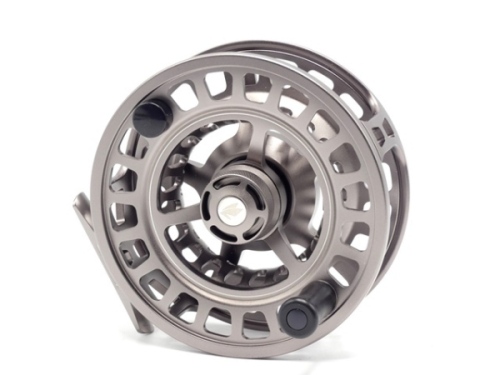 A fine Sage Spectrum Max 11/12 saltwater big game fly reel, large arbour model with silver anodised finish, counter-balanced handle, skeletal frame, milled drum locking nut and rear graduated spindle mounted tension adjuster, as new condition in neoprene 