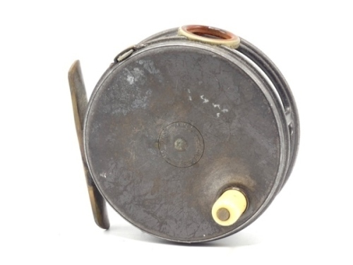 A scarce Hardy Perfect 3 ?" Perfect trout fly reel, domed ivorine handle, brass foot, red agate line guide (no cracks), strapped rim tensions crew and 1912 check mechanism, contracted drum with milled nickel silver locking screw, faceplate stamped centra