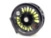 An Abel Super 12 salmon/saltwater fly reel, black anodised finish left hand wind model with counter-balanced rosewood handle, ventilated drum and cage and rear spindle mounted tension adjuster, light signs of use only, in original pouch (see illustration