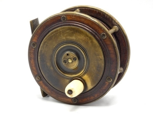 A Chas. Farlow 4" Perth style mahogany salmon fly reel, domed bone handle, brass bridge foot, quadruple cage pillars, fixed check mechanism, brass bound rims and winding plate with raised two screw spindle boss and script engraved retailer's details, ci