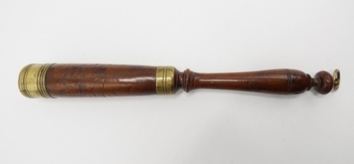 A scarce 19th century fruitwood and brass bound salmon fisher's priest of slender truncheon form, turned knopped handle, brass collar and head with concentric banded decoration, brass loop lanyard ring and head cap wriggle-work engraved with running acant