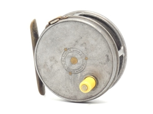 A Hardy Perfect 2 ?" trout fly reel and block leather case, ivorine handle, brass foot, brass strapped rim tension screw and 1906 calliper spring check mechanism, contracted drum with milled nickel silver locking screw, faceplate stamped central circular