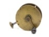 A rare Weekes of Dublin brass 3 ¾" narrow drummed spike fitting salmon winch, bulbous cow horn handle on waisted straight crank winding arm with dome iron locking screw, fixed check mechanism, quadruple cage pillars, block foot with square tapered spike f