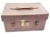 A scarce Hardy small sized leather tackle hold-all, burgundy baize lined interior with lift-out tackle tray and compartmentalised base, outer case with brass hasp lock, swing carry handle and twin buckled locking straps, stamped makers name, and lid black