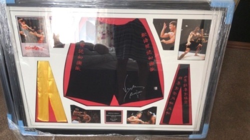 Bolo Yeung And Jean-Claude Van Damme Dual Signed And Framed Bloodsport Shorrts Certificate of Aucthenticity