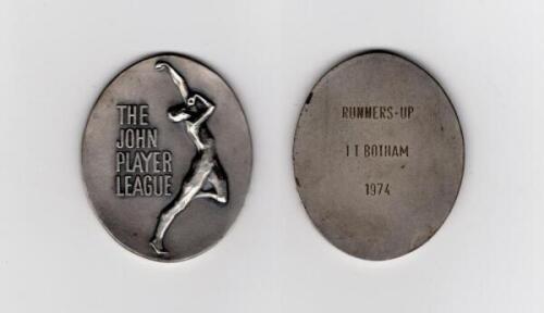 Ian Botham. John Player League 1974. Original silver metal Runners-Up medal awarded to Botham playing for Somerset who finished in second position to Leicestershire in the 1974 competition by two points. 1.75”x2”. In official presentation case. G/VG.