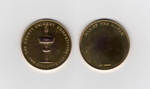 Ian Botham. Gillette Cup 1977. Original nine carat gold ‘Man of the Match’ medal awarded to Botham playing for Somerset against Northumberland at Taunton, 13th & 14th July 1977, in the second round of the Gillette Cup. 1.5” diameter. In official presentat