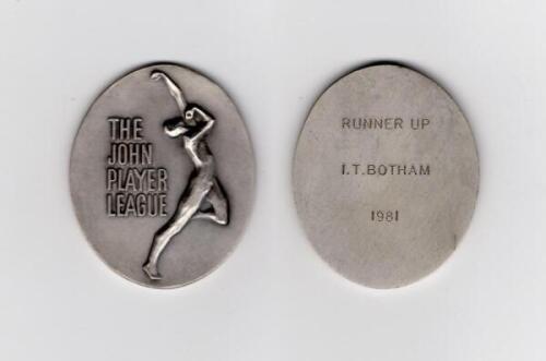 Ian Botham. John Player League 1981. Original silver metal Runner-Up medal awarded to Botham playing for Somerset who finished in second position to Essex in the 1981 competition by six points. 1.75”x2”. Lacking presentation case. G/VG.