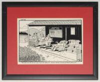 Stanley McMurtry ‘MAC’. ‘Well Done Ian. 250 not out. Queensland Cricket Club’’ 1987-88. Amusing print from the original pen and ink with wash cartoon artwork by the artist depicting the pavilion at Queensland Cricket Club with Botham being put through tes