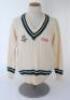 Ian Botham. Worcestershire 1st XI long sleeve sweater issued to and worn by Botham. The woollen sweater by ‘Duncan Fearnley’ with county colours of green, white and black to neck, waist and cuffs, county ‘three black pears’ and ‘MEB’ sponsor’s emblems to 