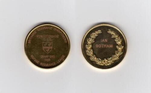 Ian Botham. ‘Britannic Assurance Championship and Refuge Assurance [Sunday] League 1988’. Original gold metal ‘Champions 1988’ medal awarded to Botham playing for Worcestershire who finished as Champions in both Leagues. Details inscribed to front and, to