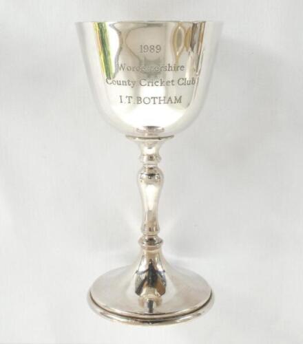 Ian Botham. &lsquo;Worcestershire C.C.C. County Champions 1989&rsquo;. Silver plated goblet, being a replica of the trophy, presented to Botham for being a member of the Worcestershire team who won the County Championship in 1989. Engraved to face &lsquo;&rsquo;1989. Worcestersh