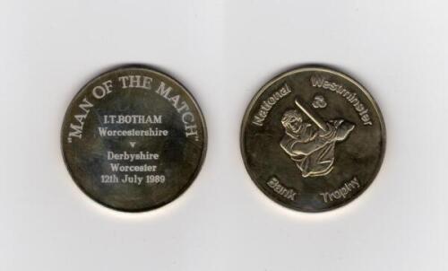 Ian Botham. NatWest Trophy 1989. Original gold metal &lsquo;Man of the Match&rsquo; medal awarded to Botham playing for Worcestershire in the second round match v Derbyshire at Worcester, 12th July 1989. 2&rdquo; diameter. In official presentation case. VG.